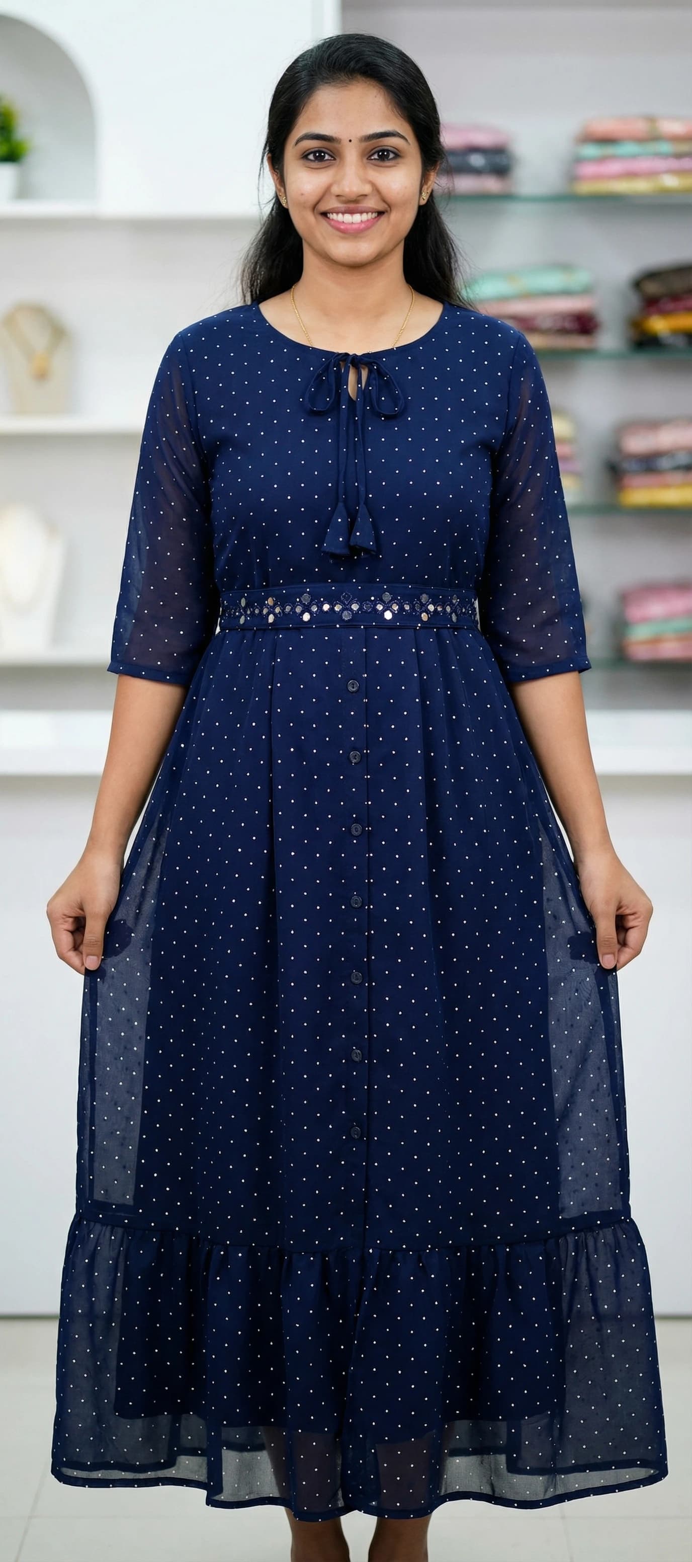 Navy Blue Polka Dot Georgette Maxi Kurti with Mirror Work Detail
