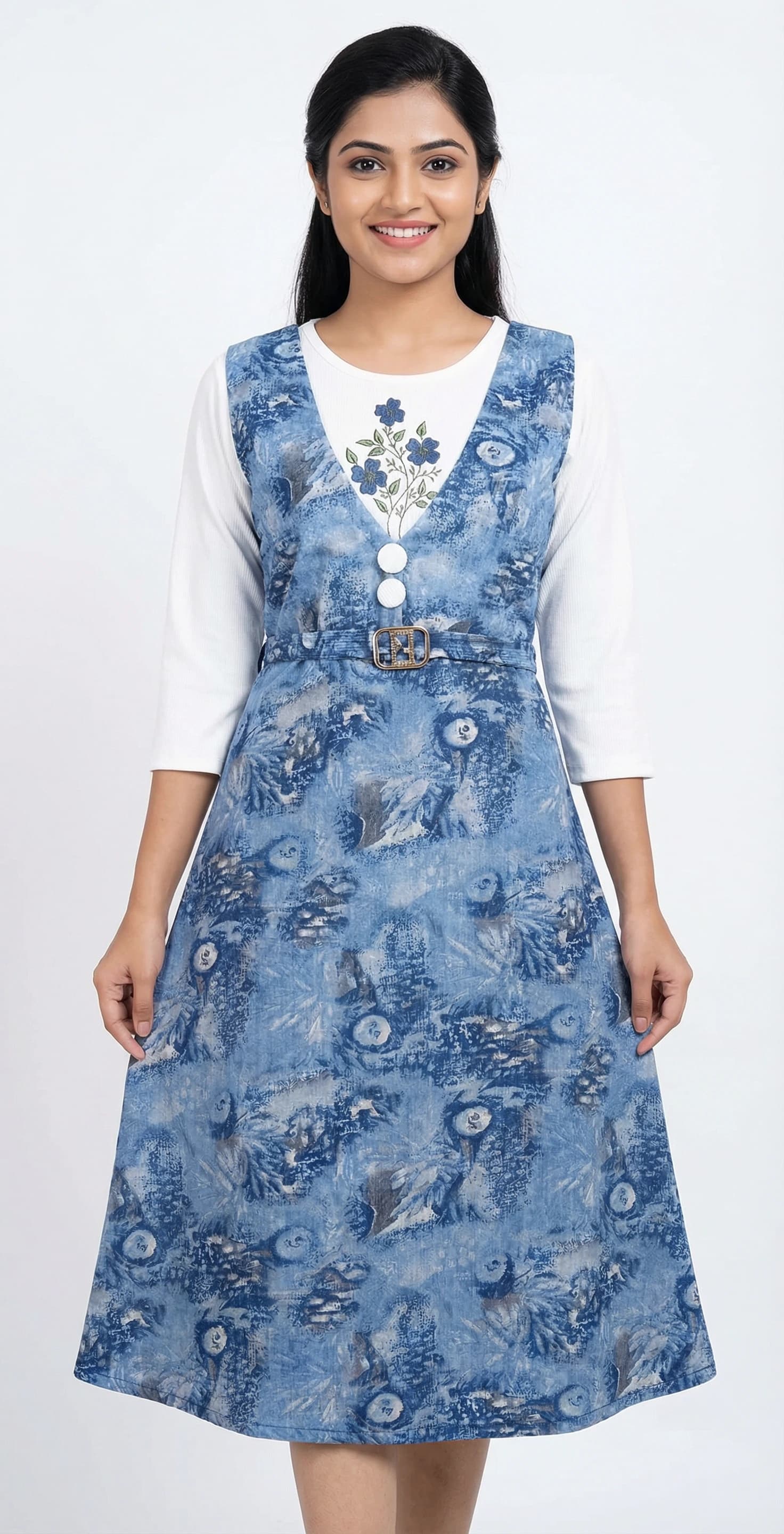 Blue Abstract Print Pinafore-Style A-Line Dress with Belt