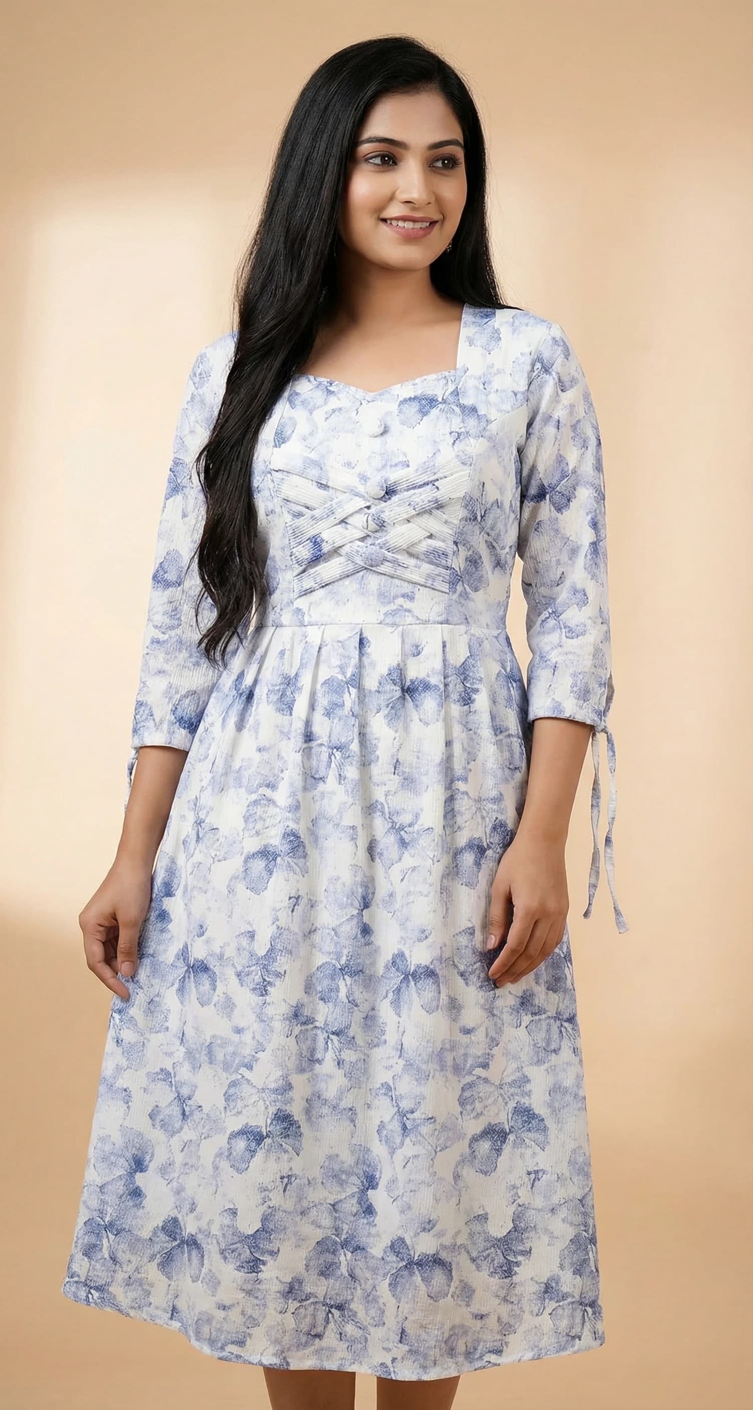 White & Blue Watercolor Floral Midi Dress with Criss-Cross Yoke Detail