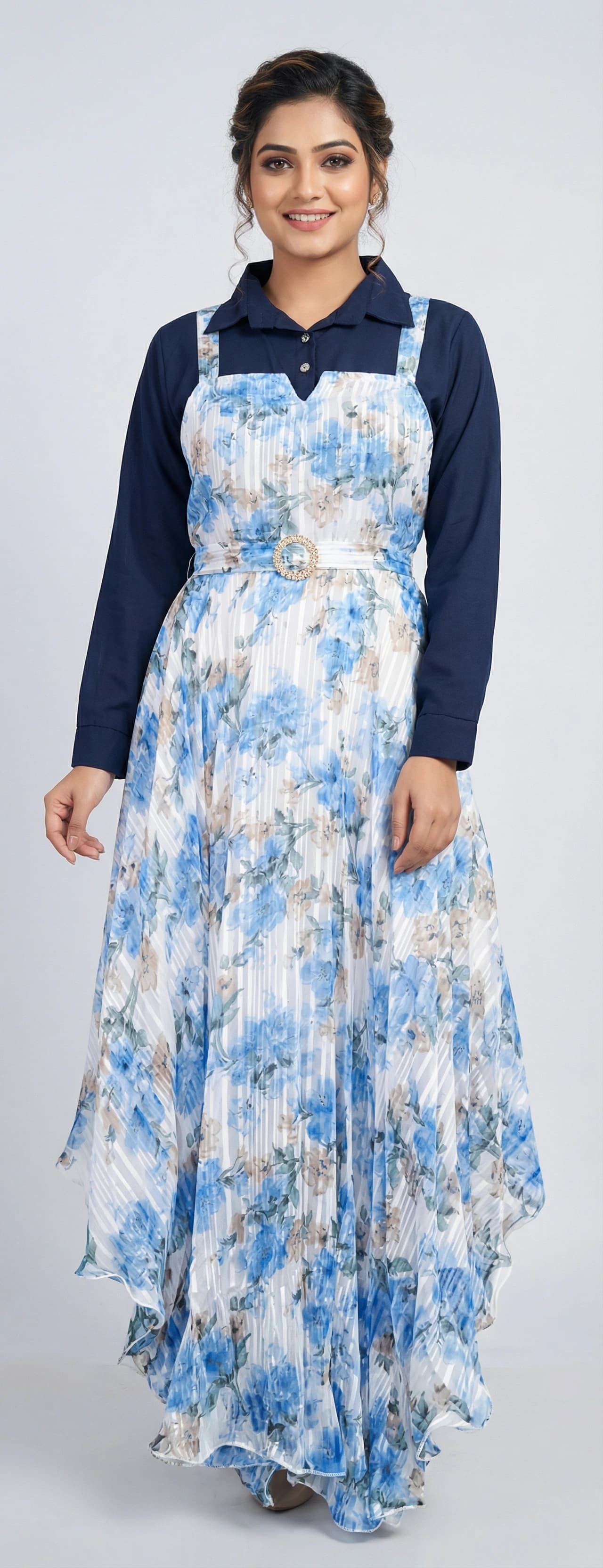 Navy Blue & White Floral Layered Pinafore Maxi Dress with Shirt Collar