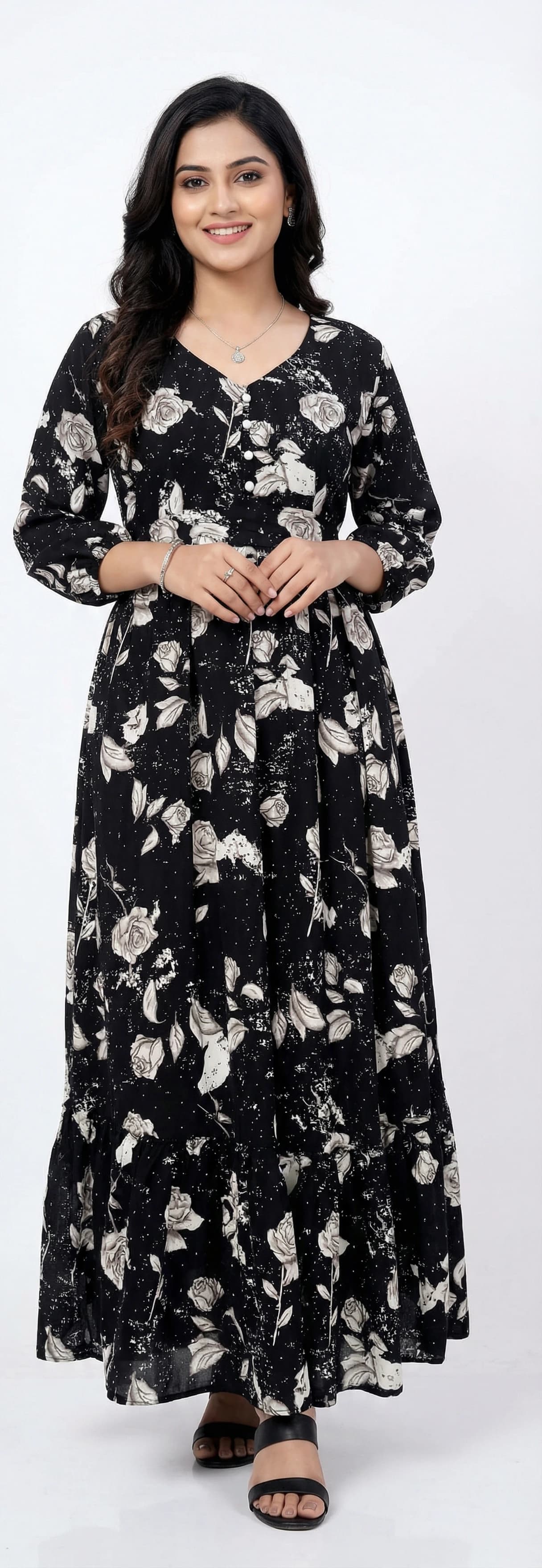 Black Vintage Rose Print Fit & Flare Tiered Maxi Gown